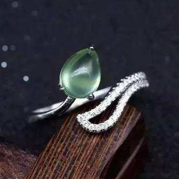 

100% fidelity Natural prehnite Ring 925 sterling silver Natural 6*8mm green gem Tail around open ring fine Jewelry for women
