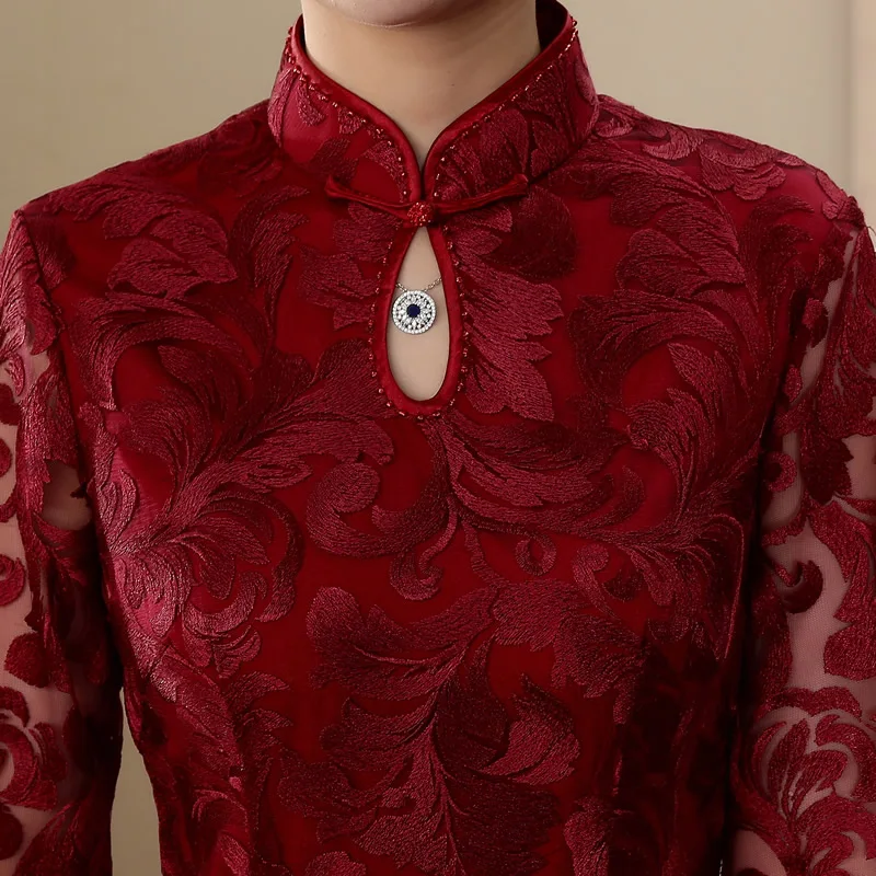 Традиционный китайский Кружево платье Для женщин красный длиной до колен Длина Cheongsam