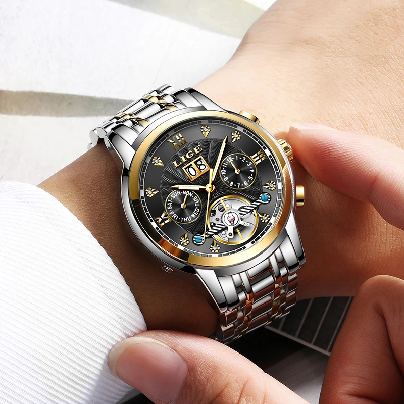 

LIGE Men Watch Mechanical Tourbillon Luxury Fashion Brand Stainless Steel Sports Watches Mens Automatic Watch Relogio Masculino