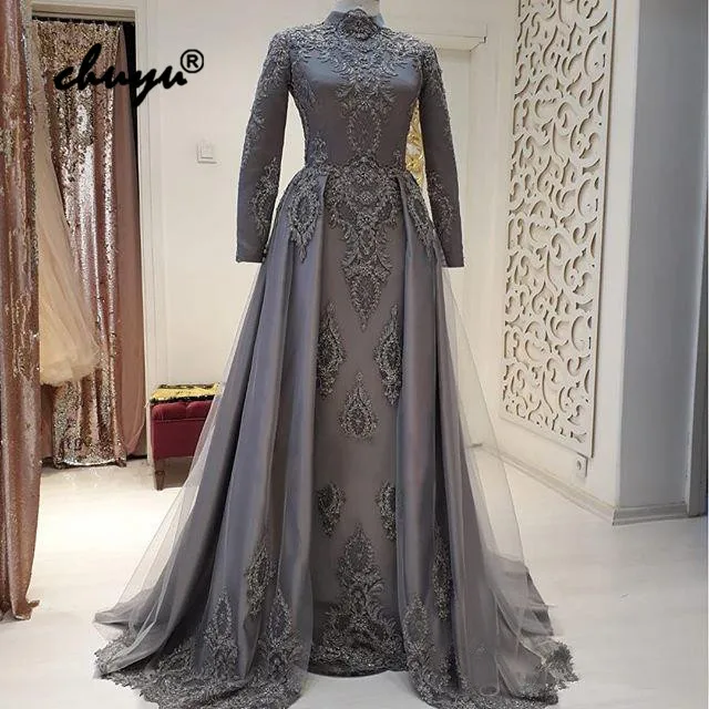 

Grey Muslim Evening Dresses Mermaid Detachable Train Appliques Islamic Dubai Saudi Arabic Long Formal Evening Gown Prom Dress-in