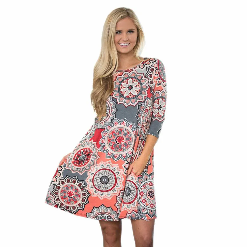 

2018 Autumn Midi Dress Women Elegant Mandala Print Mini Dress Vintage Pockets Party Dresses Loose Casual Dresses Vestidos