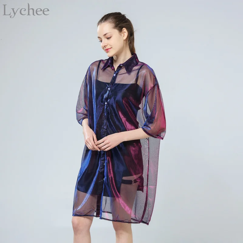 Prix Lychee D été Femmes Chemisier Transparent Maille Laser Sunproof Solaire Moitié Manches Chemise Tops
