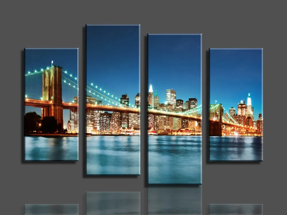 

4 Pieces/set City bridge landscape Wall Art For Wall Decor Home Decoration Picture Paint on Canvas Prints Painting framed HX-046