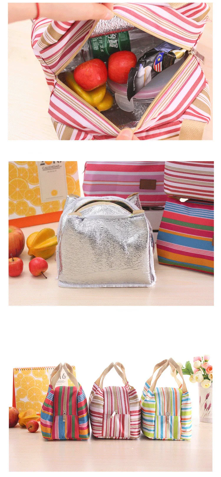 Милая модная переносная полосатая сумка для обеда на молнии, сумка для обеда, сохраняющая свежесть, изоляционная сумка, сумка для пикника