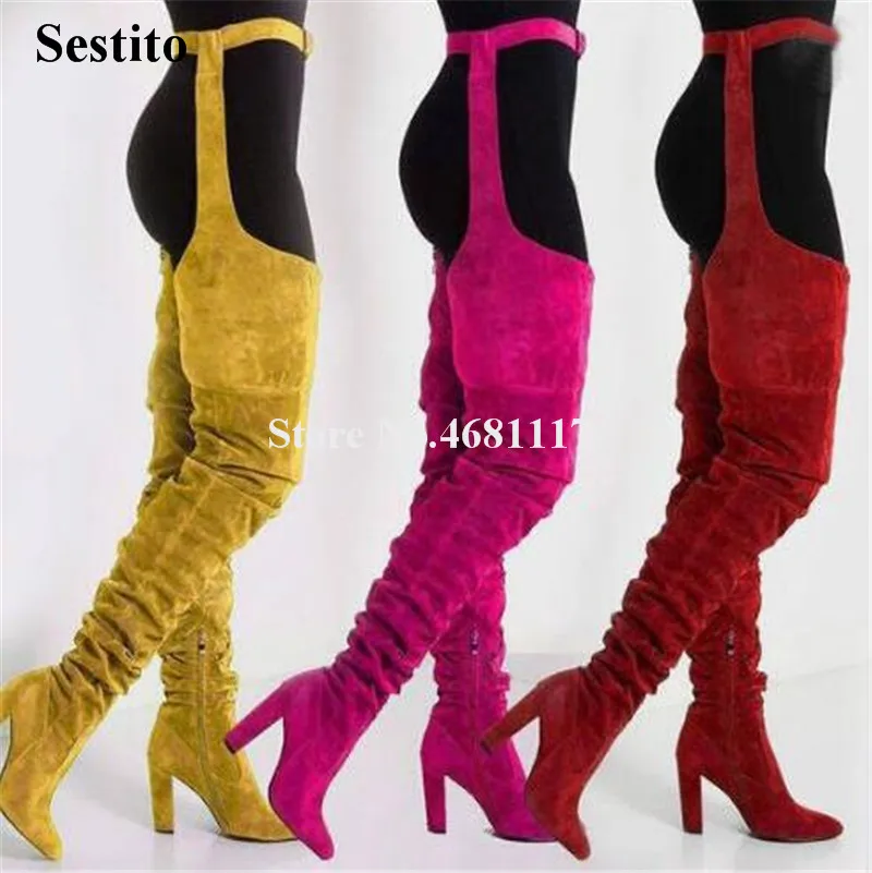 

Women Sexy Suede Leather Pointed Toe Over Knee Waist High Chunky Heel Boots Black Pink Over Thigh Buckle Long Thick Heel Boots
