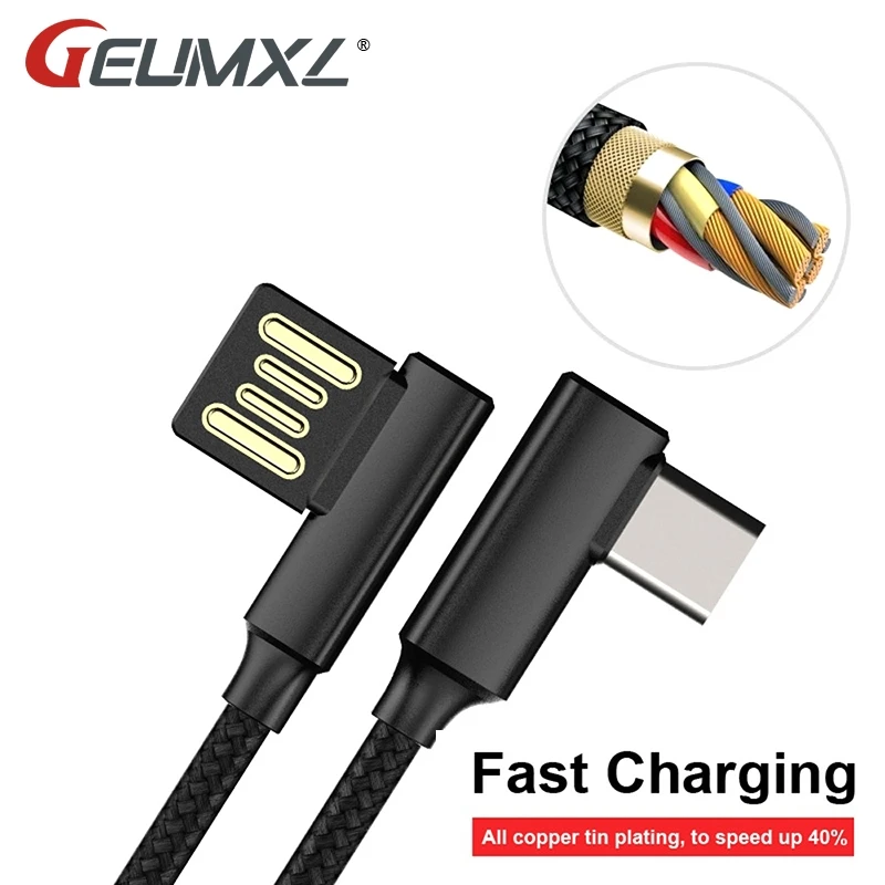 

USB C Cable 3.1 Fast Charging 90 Degree Nylon Braided L Type data Cord Charger For Samsung S8 S9 S7 Note 8 9 Xiaomi mi6