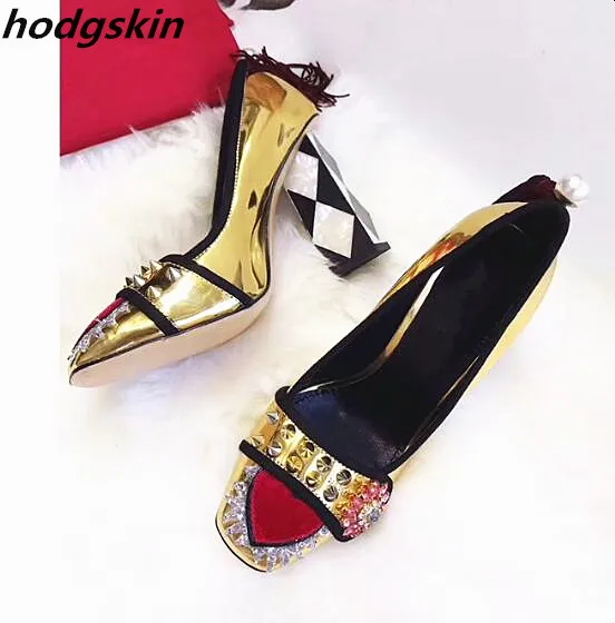 

Gold Mirror Leather Luxury Rivets Rhinestone Women Pumps 9cm Med Chunky Heels Plaid Square Toe Heels Ladies Shoes Woman