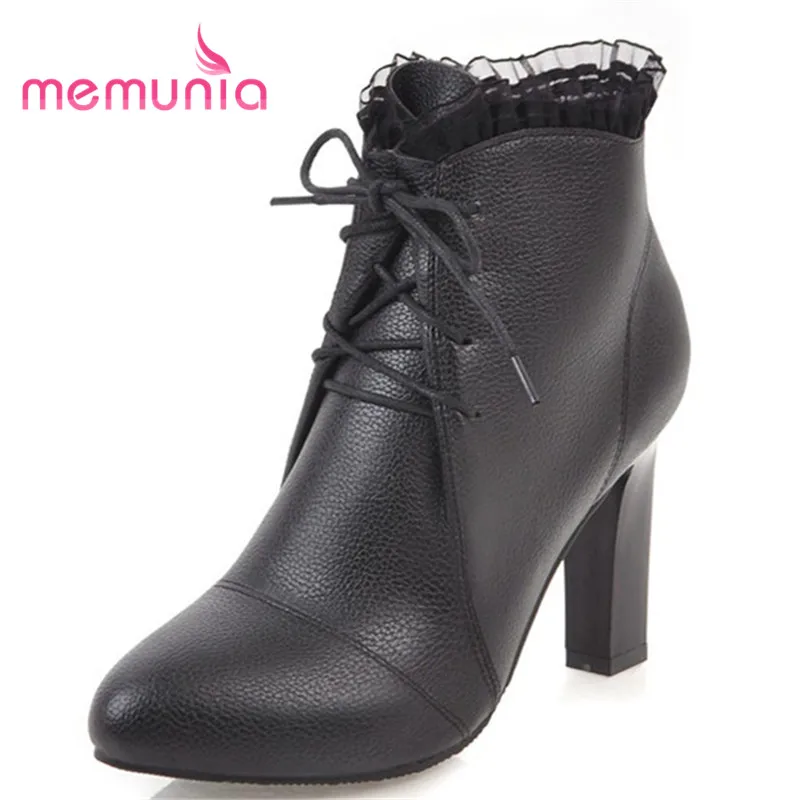 

MEMUNIA large size 34-45 fashion boots elegant cross tied ruffles winter boots female 2018 new extreme high heels ankle boots