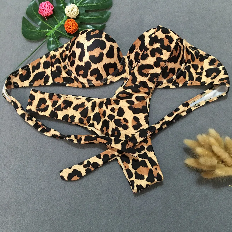 Двухсекционный сексуальный женский леопардовый комплект бикини без бретелек, бюстгальтер с мягкими чашечками, бандо, купальник, пляжный купальник, купальный костюм