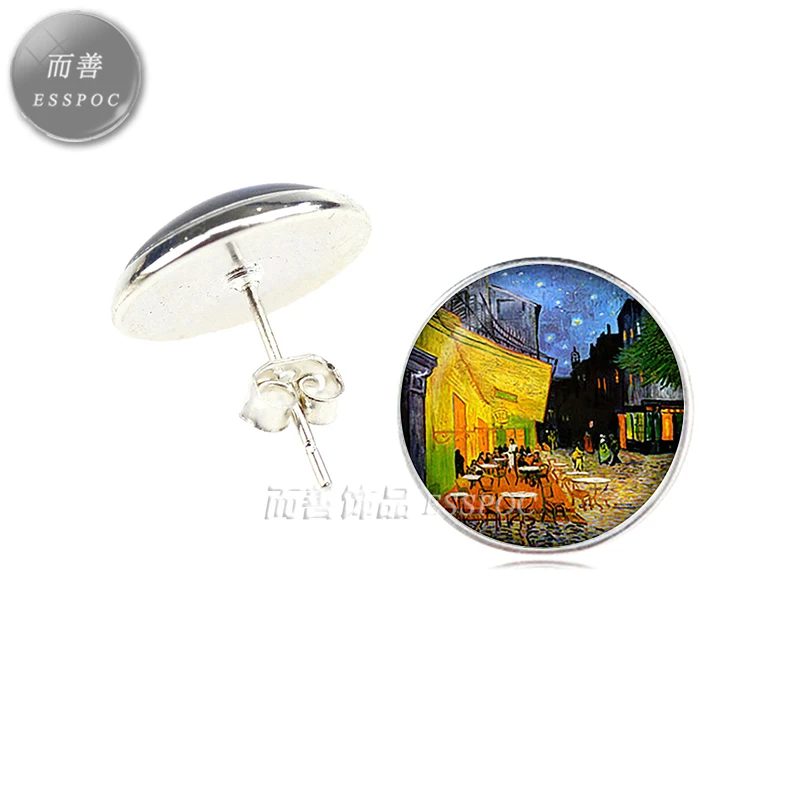 

Starry Night Earrings Van Gogh Art Picture Glass Cabochon Silver Plated Stud Earrings Fashion Jewelry for Women Charm Earrings