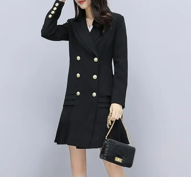 

Double Breasted Slim OL Suit Elegant Pleated Long Trench Autumn Solid Korean Chaqueta Plus Size Oversized 3XL Ladies Luxury Coat