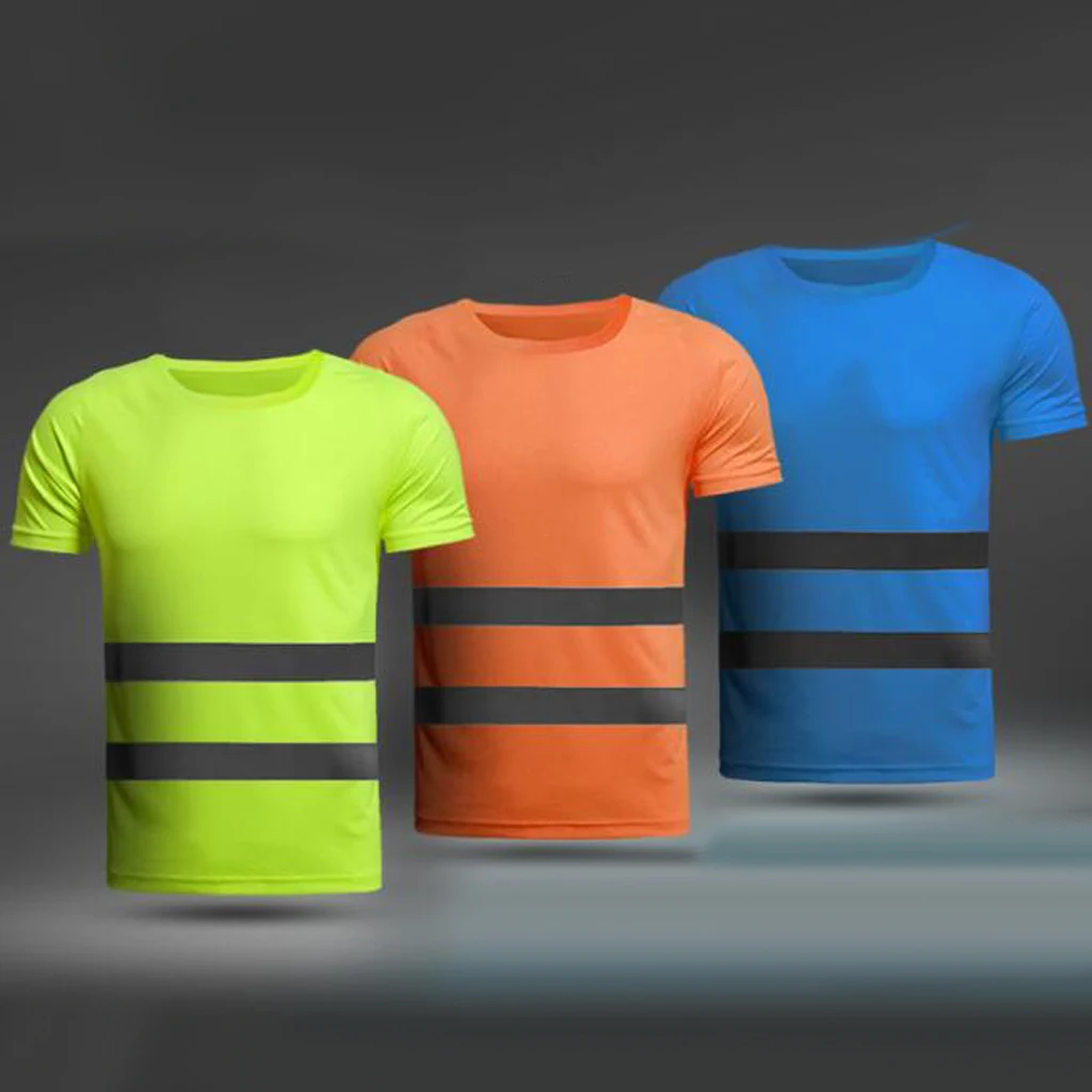 Round Neck Safety Clothing Reflective High Visibility Workwear Short Sleeve Fluorescent for Men with Reflective Tape Quick Dry