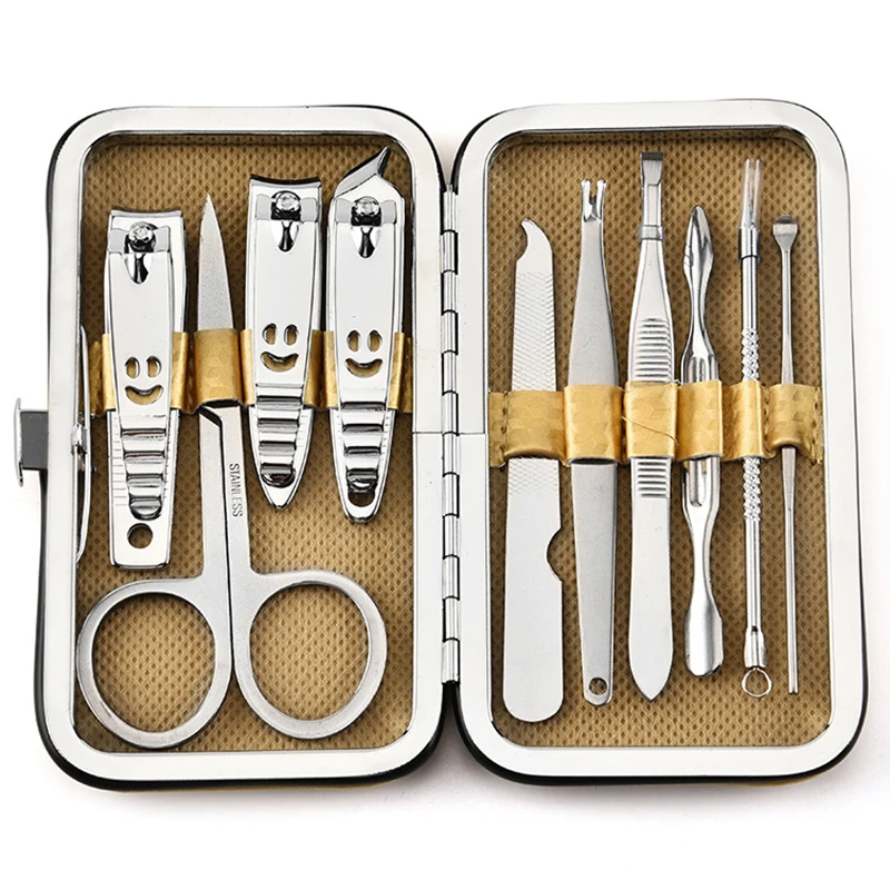 

10PC/1Set Professional Nail Clipper Kit Black Blue Yellow Utility Pedicure Scissors Tweezer Knife Ear Pick Nails Art Beauty Tool