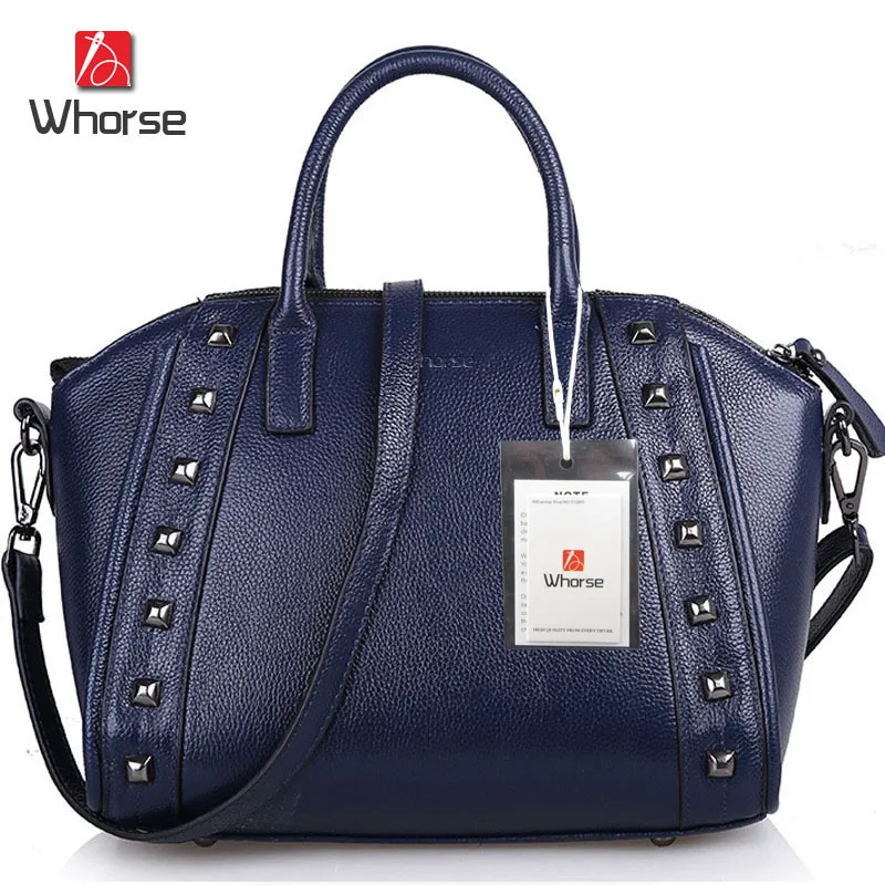 

[WHORSE] Brand Logo High Quality Genuine Cow Leather Women Handbag Vintage Rivet Casual Tote Handbags Shoulder Messenger Bag