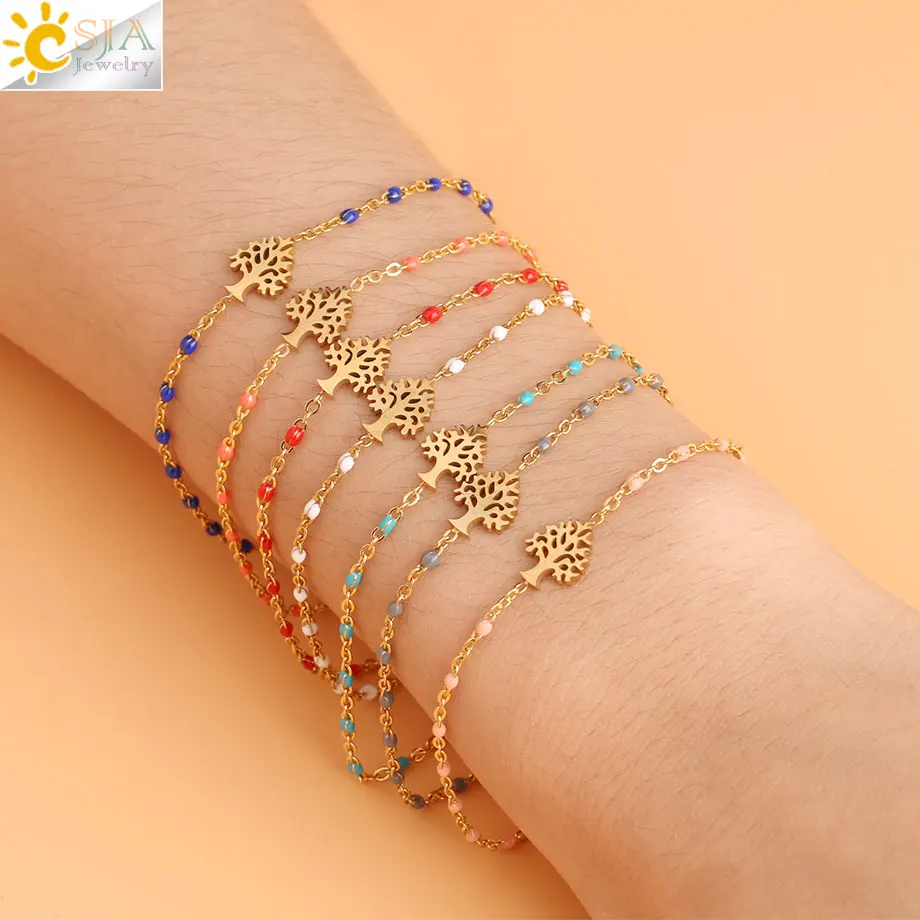 

CSJA Tree of Life Gold-color Stainless Steel Bracelets Bangles Women Delica Beads Link Chain 2019 Designer Luxury Bracelet S418