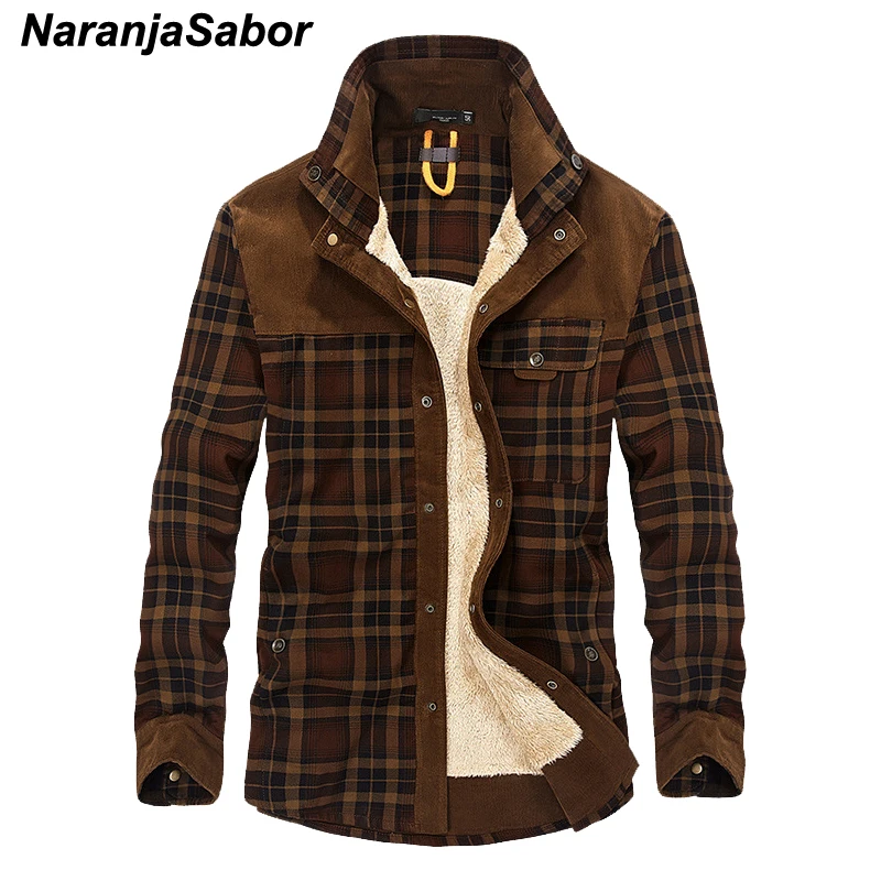 NaranjaSabor новая рубашка в стиле милитари для мужчин повседневные рубашки Зимние шерстяные флисовые толстые теплые мужские клетчатые вельветовые рубашки 3XL N528