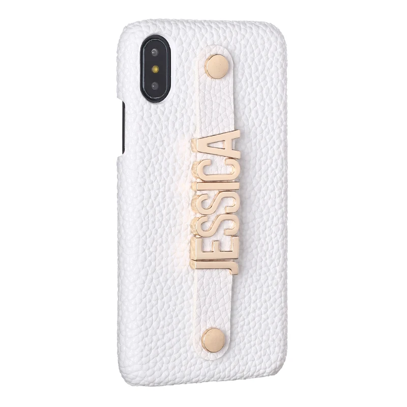Металлический Подгонянный ремень под ваше имя Pebble зернистый кожаный чехол для телефона чехол для iPhone 11 Pro 6S XS Max XR 7 7Plus 8 8Plus X - Цвет: White Leather Case