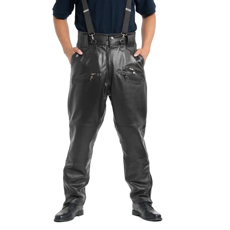 Коричневые мужские Роскошные брюки из воловьей кожи размера плюс, свободные брюки из натуральной кожи, мужские штаны на молнии для езды на мотоцикле, зимние теплые штаны