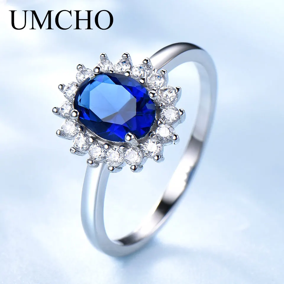 

UMCHO Princess Diana Rings 925 Sterling Silver Jewelry Created Sapphire Rings Best Anniversary Gift For Women Fine Jewelry