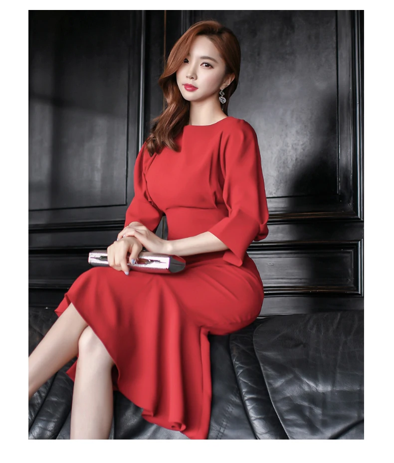 HAMALIEL Новая мода Для женщин Bodycon платье с русалочкой Демисезонный красного цвета со средним рукавом и оборками вечерние платье женские офисные Vestidos