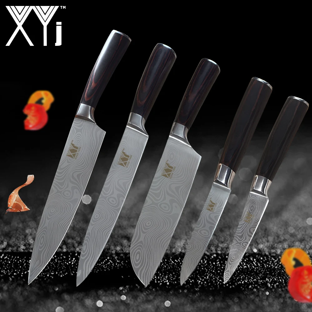 Online XYj juego de cuchillos de cocina con alto contenido de carbono, acero inoxidable, 3,5 5 7 2*8 pulgadas 5 unidades conjunto cuchillo de Chef japonés vegetal de la fruta de la carne Cleaver