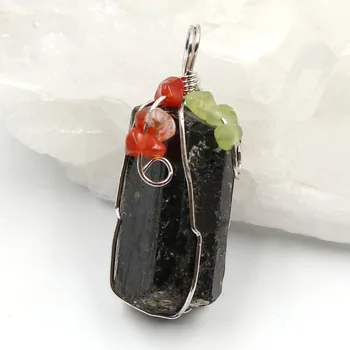 Silver Plated Wire Wrapped Olivine Red Agates Black Tourmaline Pendant  Stone Pendant