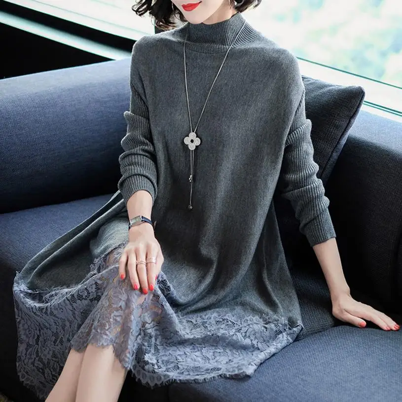 

new long sleeve knit dress lace loose long dress plus size