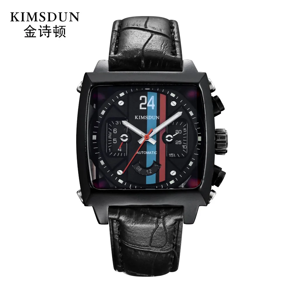 KIMSDUN أعلى العلامة التجارية الرجال الأزياء الفاخرة التلقائي الميكانيكية ووتش جلدية حزام مضيئة التقويم عرض Relogio Masculino