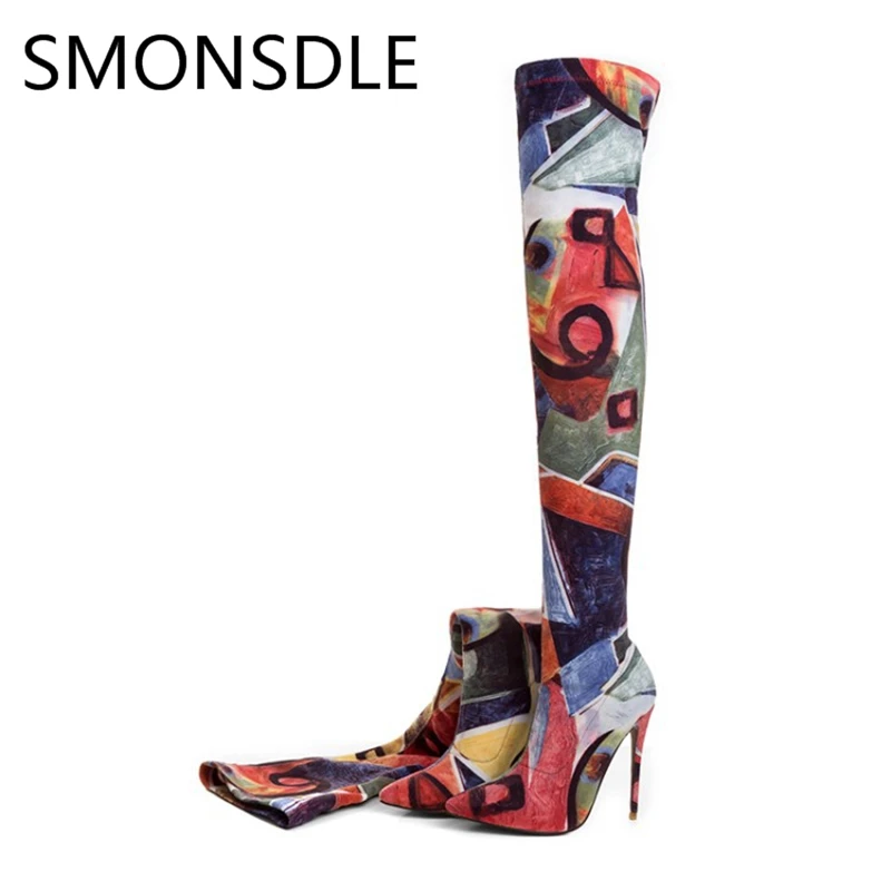 

2018 New Fashion Women Over the Knee Boots Pointed Toe Thin High Heels Shoes Woman Stretch Fabric Slip On Spring Autumn Boots