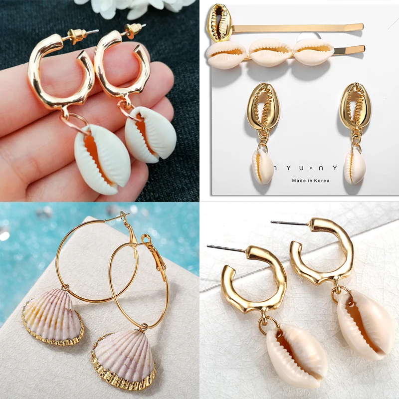 

2019 New Sea Shell Earrings For Women Gold Color Round Geometric Drop Pearl Shell Earrings Summer Beach Ladies Fashion Jewelry