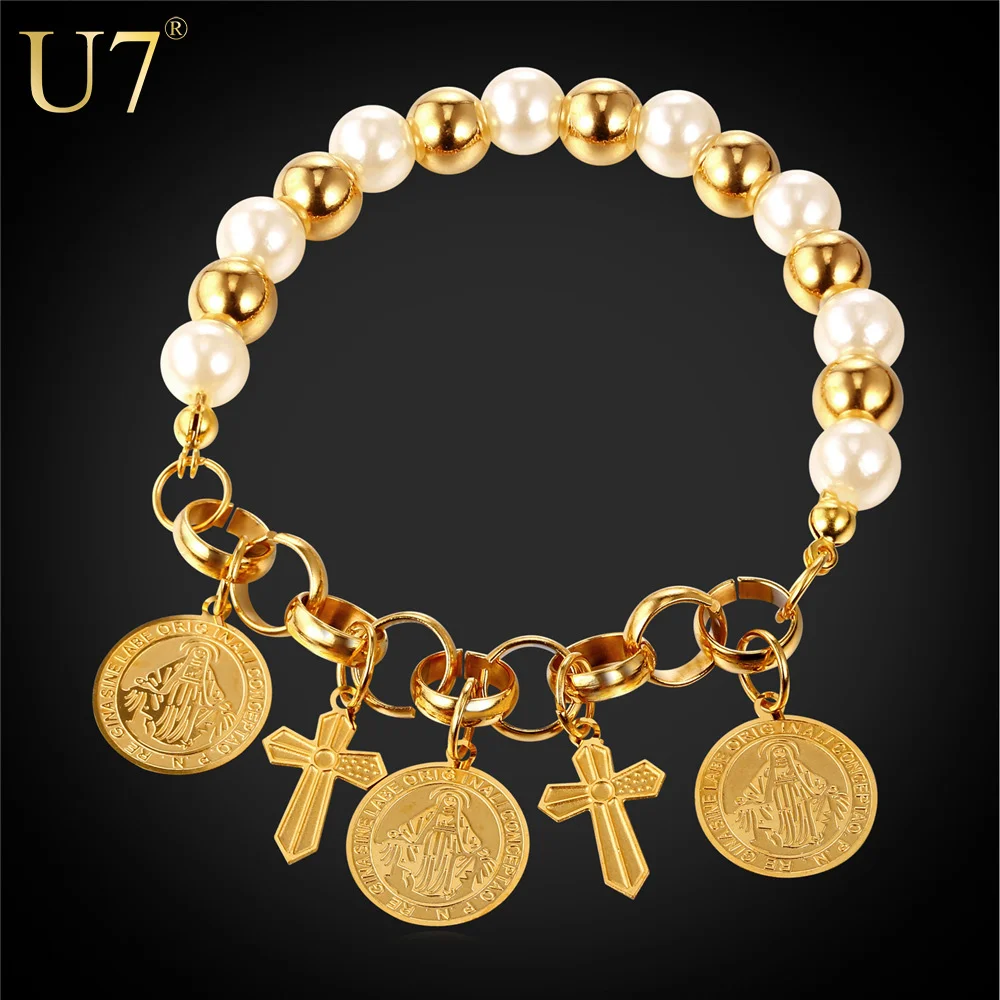 Buy U7 Strand Bracelet Gold Color Jesus piece Cross