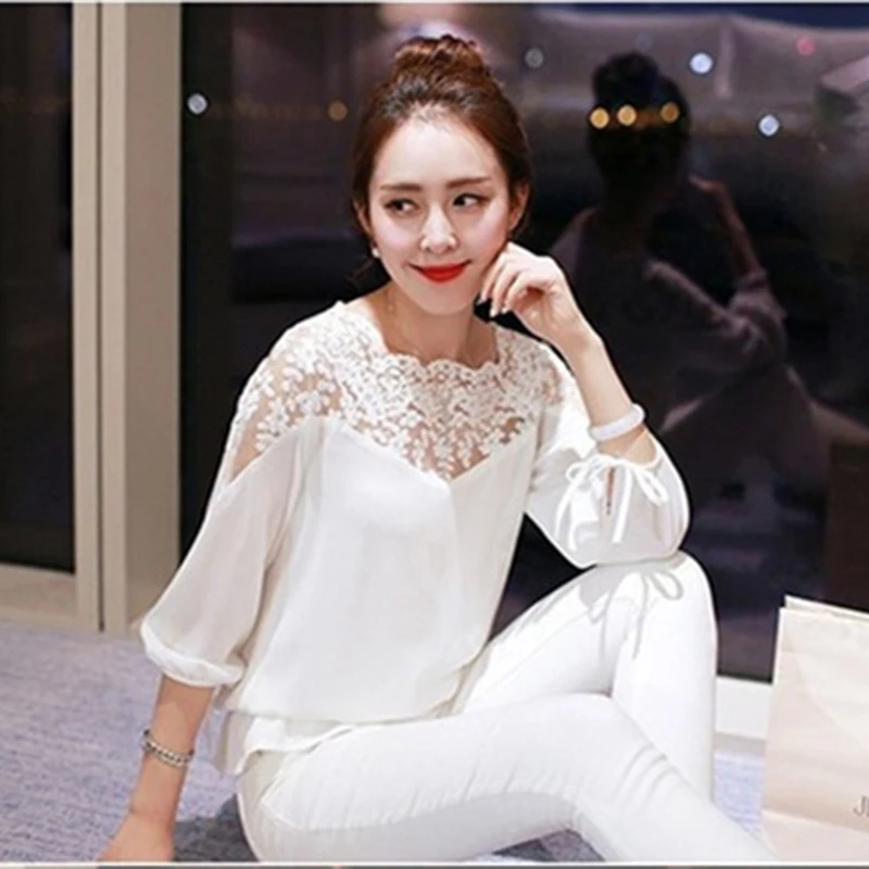 

Fashion Women Lace Shirts White Tops Summer Women Chiffon Blouse Feminine Blouse Long Sleeve Stitching Blusas Feminina