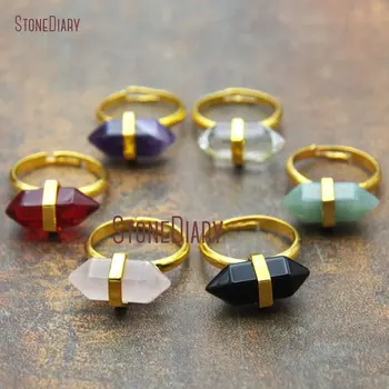 

10Pcs Jades, Rose Quartzs, Red Glass Crystal Ring Gold Color Faceted Double Terminated Point Ring For Sale Adjustable RM11527