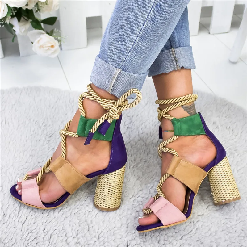 

PUIMENTIUA Women Sandals High Heel Pointed Fish Mouth Woman Hemp Lace Up Women Platform Sandals High Heels Shoes Woman Summer