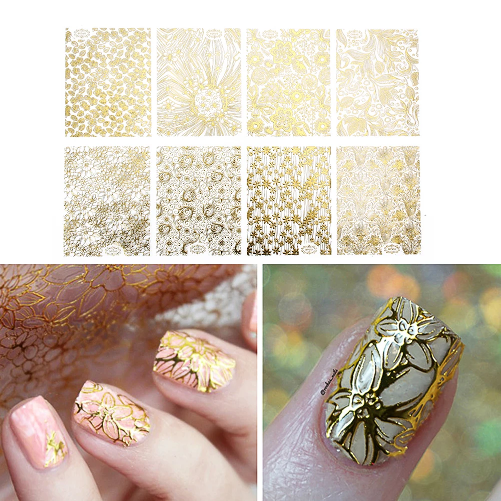 8pcs/Set Embossed Nail Art Stickers Gold 3D Tips Metallic Blooming