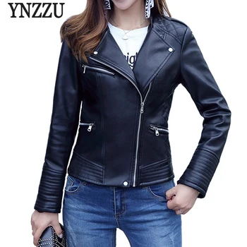 

YNZZU 2018 Autumn Winter Women Leather Jacket Solid Black Chic Long Sleeve Female Motor Faux Leather Jacket High Quality YO554