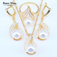 Модные Ювелирные наборы из пресноводного жемчуга, белый Фианит, золотое ожерелье, наборы для женщин, свадебные серьги в форме капли воды, наборы колец