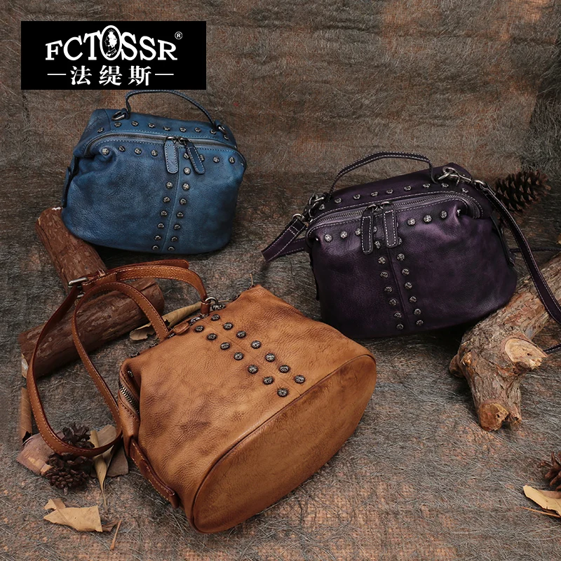 

2017 Unique Handmade Vintage Casual Shoulder Bag Genuine Leather Rivets Decoration Vintage Female Handbag