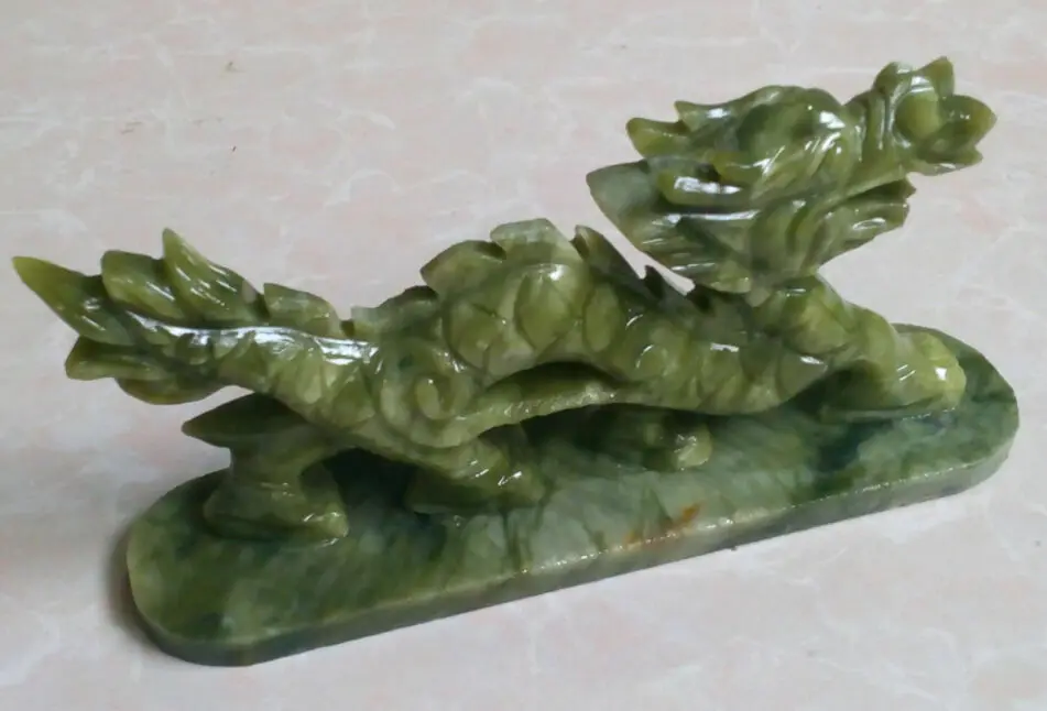 100% Chinese natural jade hand carved statue of dragon & phoenix 