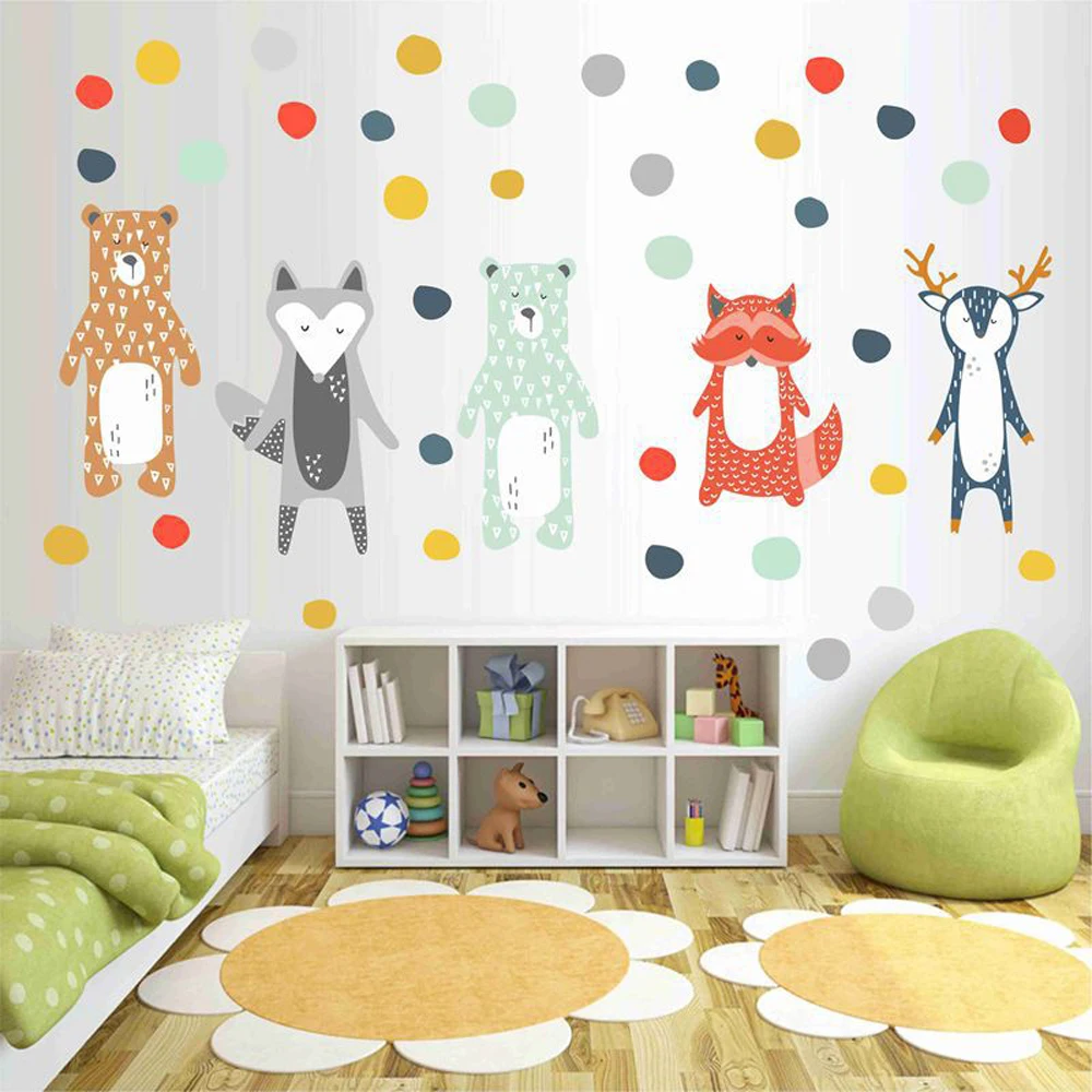 Nordic Style Cartoon Giraffe Bear Fox DIY Wall Sticker for Kids Rooms Decoration Forest Animals Art Decal Kindergarten Wall Decor