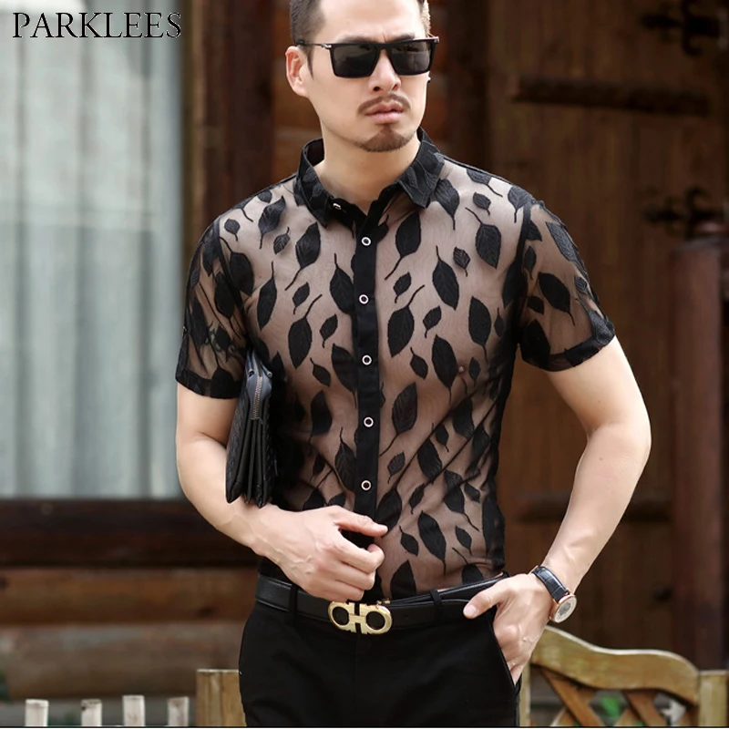 Men's Nightclub Style Mesh See Through Slim Fit Shirt Stylish Leaves ...