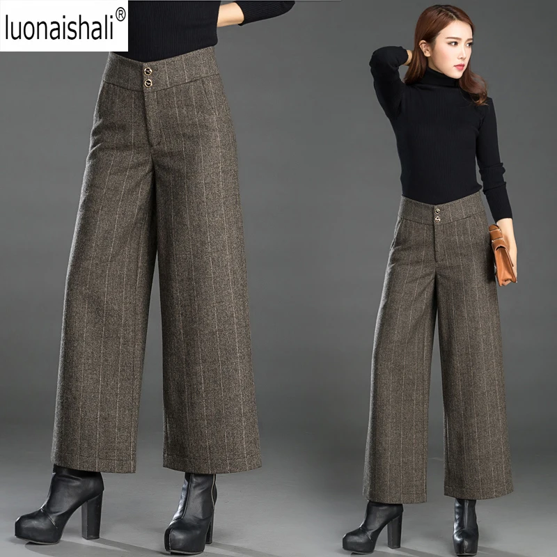Pantalon Para Striped Mujer Mujeres Cintura brown Black 4xl Casual De Alta Stroiped Pantalones Classic 2018 Generoso Ancha Bigsize black gray Striped Pierna Otoño Botón Lana PwqO8pn