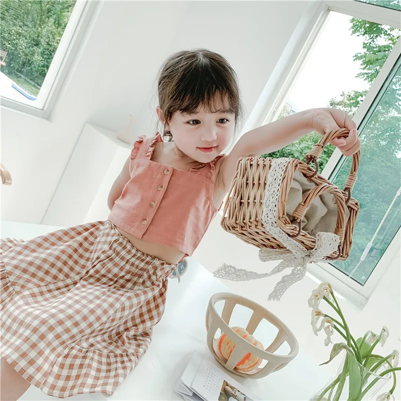 Cute Toddler Kids Girls Set Sleeveless Tops Plaid Skirts 2Pcs Set Fashion Children Outfit Suit Summer Girls Clothing BC680