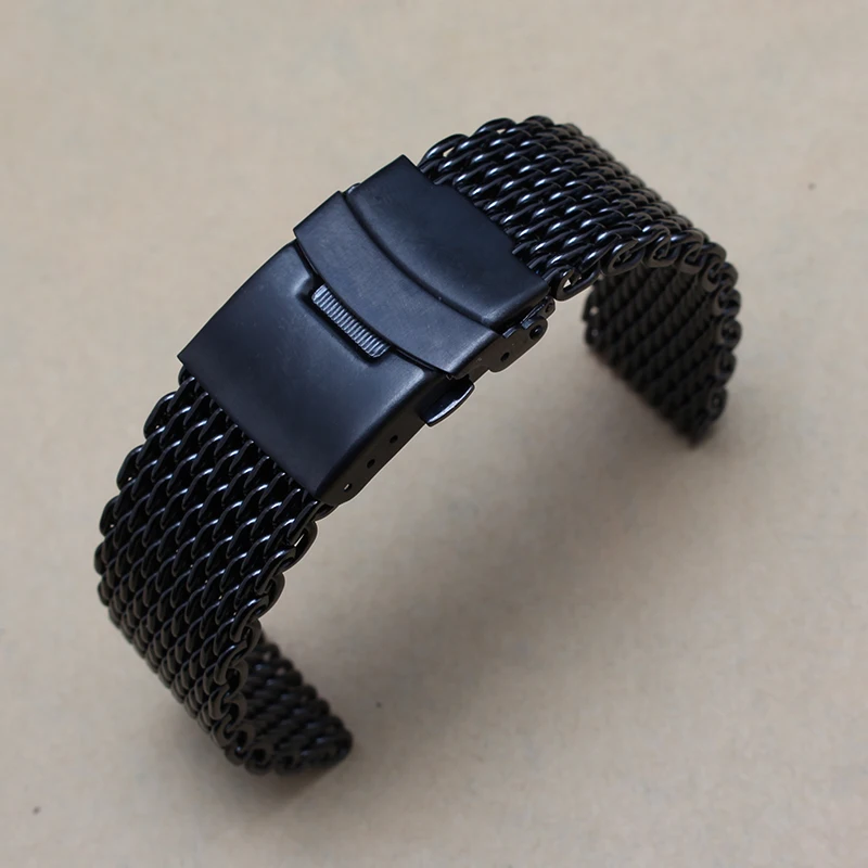 Black Stainless steel Watchband Double safty buckle bracelets 20mm 22mm mesh metal wristwatches band stylish fit