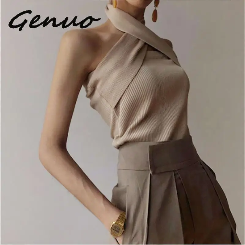 

Genuo New Solid Sleeveless Sexy Women Sweater Halter Off Shoulder Slim Knitted Tops Female Fashion Summer 2019 New Tide