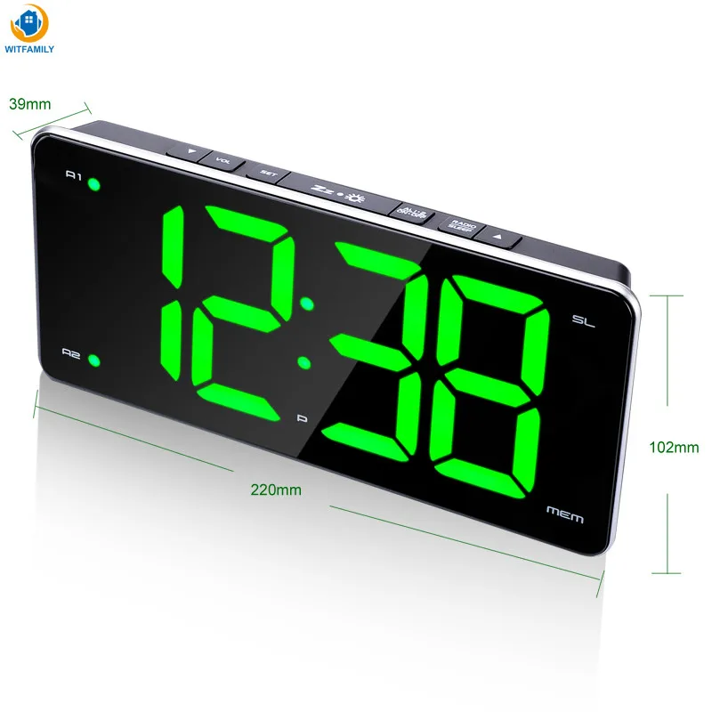 

Electronic Desktop Alarm Clock LED FM Clock Radio Double Alarm Light Dark Adjustment Digital Table Clock USB Charge