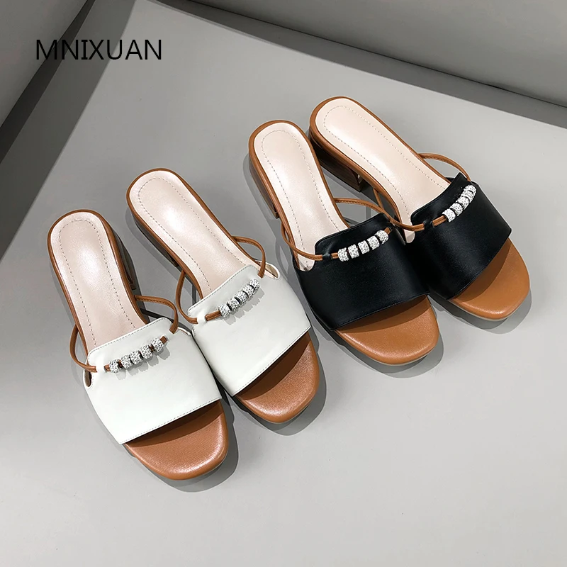 

MNIXUAN Outdoor women slippers sandals shoes 2019 new fashion genuine leather peep toe string bead medium heel slides plus size9