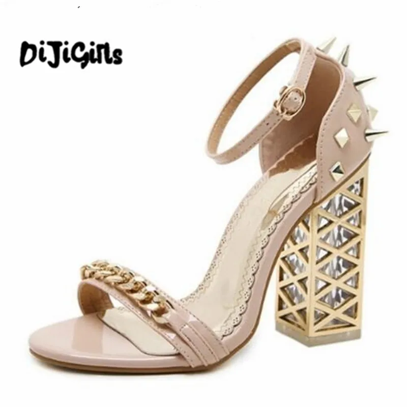 

2018 new Summer fashion Roman chain rivet Women Pumps Shoes Sexy High heels Crystal with Buckle Party Woman Sandals