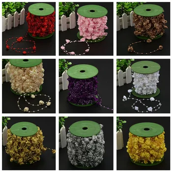 

4mm Pearl String 2cm Satin Ribbon Rose Chain Trim Wall Flower Wreath Wedding Party Decorations 30 Meter/Roll Event Bride Bouquet