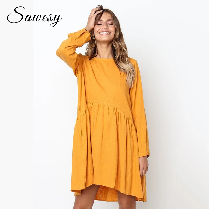 

Autumn Winter Casual Dress Women 2018 Fashion Long Sleeve Tunic Dress With Pockets Pink Yellow Short Dresses Female Plus Size